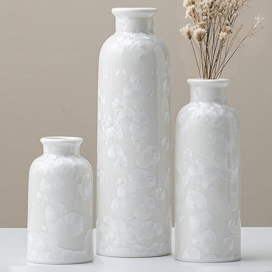 Modern Ceramic Vase Set of 3, White Crystalline Glaze Colors, Decorative Bottles for Home, Farmhouse Rustic Decor (Crystalline Glaze White)