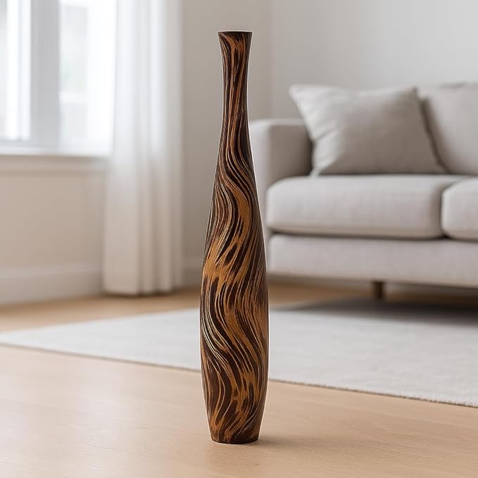 Leewadee Large Brown Home Decor Floor Vase - Wooden 26 inch Tall Farmhouse Decor Flower Holder for Fake Plant and Pampas Grass