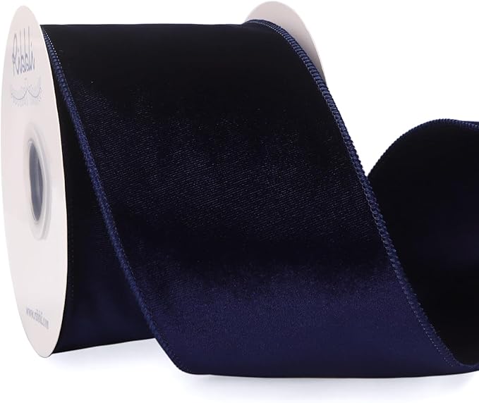 Ribbli Navy Velvet Wired Ribbon 4 Inch Velvet with Satin Christmas Ribbon for Gift Wrapping Christmas Tree Decoration Crafts Wreaths Supplies-Continuous 10 Yards
