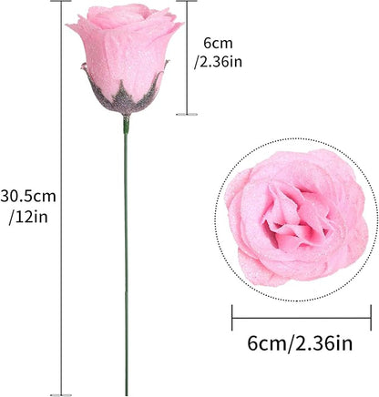 Glitter Roses Bouquet,30PCS Pink Roses Artificial Flowers Fake Sparkling Roses for Wedding Bouquet Party Christmas Home Decor(Light Pink)