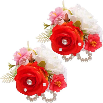 Red White Rose Wrist Corsage, Pack of 2 PCS Wedding Bridal Wrist Flower Corsage Hand Flower Artificial Silk Rose Decor for Prom Party Wedding (Red-White, 2pcs).