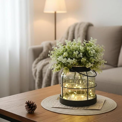 Vintage Glass Farmhouse Vase - Handmade Rustic Lantern Planter with Bonus Artificial Flowers & LED Lights (Home Decor Centerpiece), Farmhouse Wedding/Tabletop Decor, Housewarming Gift