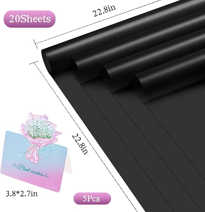 REAXYZNN 20 Sheets Flower Wrapping Paper, Waterproof Floral Wrapping Paper with Cards for DIY Craft, Florist Packaging Supplies for Birthday, Wedding, Mother's Day Gift (Black)