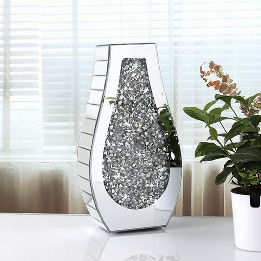 Flower Vase Crushed Diamond Mirrored Vase Crystal Silver Glass Decorative Mirror Vase Large Size Luxury for Home Decor. Arc-Shaped Thickened. Can’t Hold Water.