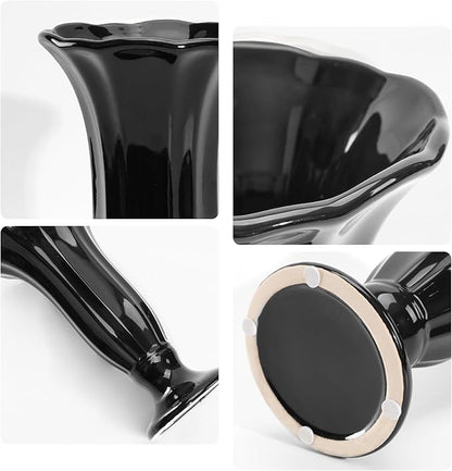 Black Fluted Ceramic Vase with Pedestal Base, 10 Inch Tall Modern Flower Vase for Dining Table Decor, Centerpieces, Countertops, Decorative Vases for Home Decor, Living Room, Kitchen, Wedding