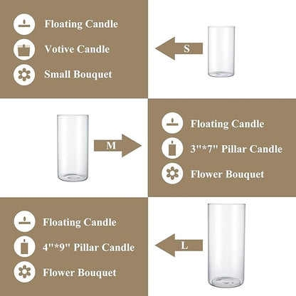 Hurricane Glass Candle Holder Clear Cylinder Vases, Pillar Candle Holders For Floating Candles Table Centerpiece Modern Glass Vases For Weeding Centerpieces Decoration Party Home Decor (3 Sets, S+M+L)