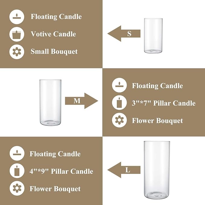 Hurricane Glass Candle Holder Clear Cylinder Vases, Pillar Candle Holders For Floating Candles Table Centerpiece Modern Glass Vases For Weeding Centerpieces Decoration Party Home Decor (2 Sets, S+M+L)