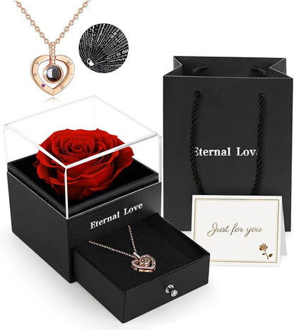 Preserved Real Rose for Mom with I Love You Necklace in 100 Language Girlfriend, Eternal Real Rose Flower Gifts for Women Mom Wife on Mothers Day Birthday Anniversaries