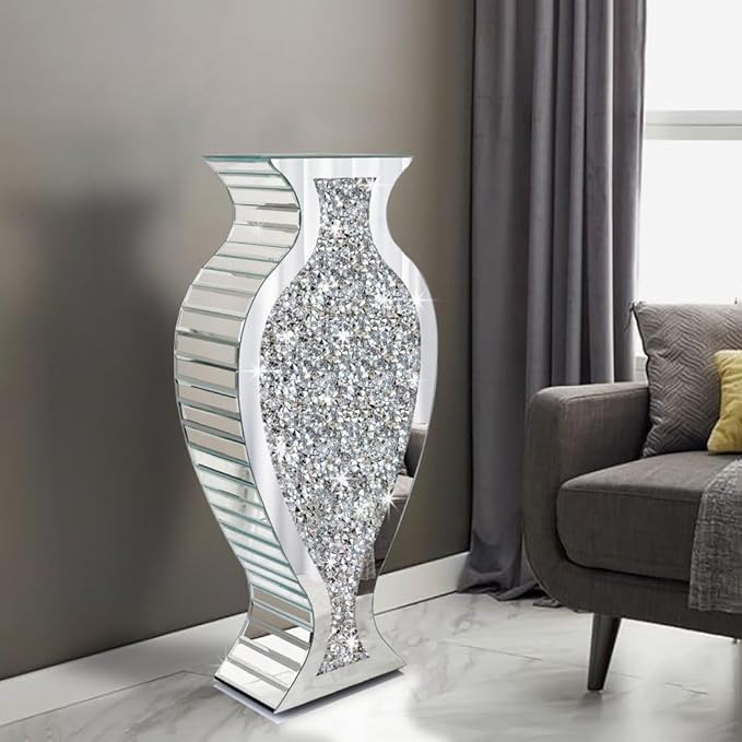 Tall Floor Vase S Crushed Diamond Mirrored Vase 27” Tall, Crystal Silver Glass Decorative Mirror Large Vase Luxury for Home Decor Flower Arrangement Can’t Hold Water.