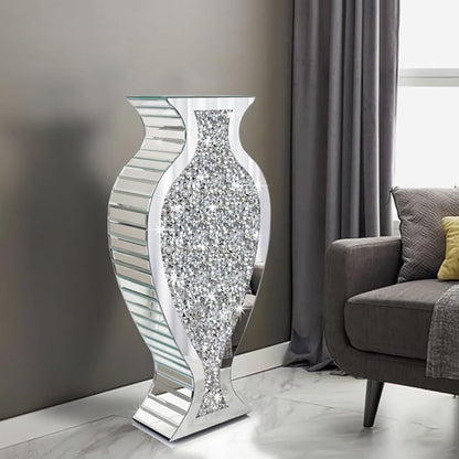 Tall Floor Vase S Crushed Diamond Mirrored Vase 27” Tall, Crystal Silver Glass Decorative Mirror Large Vase Luxury for Home Decor Flower Arrangement Can’t Hold Water.