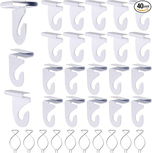 40 Drop Ceiling Hooks for Classrooms & Offices, White Heavy Duty Ceiling Hooks for Hanging Plants & Decorations, Metal T-Bar Hooks for Suspended Drop Ceiling Tiles