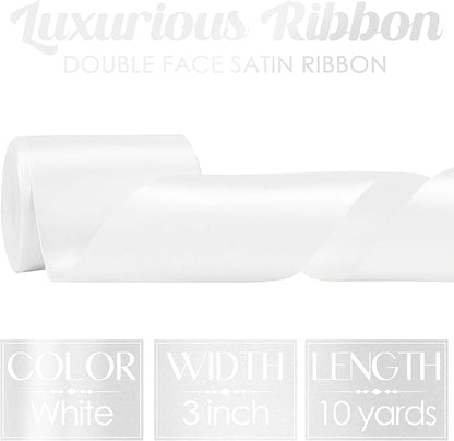 MEEDEE White Satin 3 Inch Ribbon Lux Double Faced Satin Ribbon by 10 Yards Extra Wide Silk Ribbons White Fabric Ribbons for Christmas Tree, Crafts, Weddings Decor