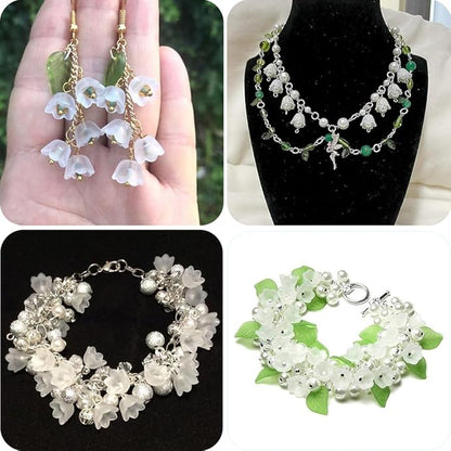 SUNNYCLUE 1 Box 600Pcs 10 Styles Acrylic Flower Beads White Lily Flower Beads Frosted Plastic Trumpet Bell Floral Spacer End Caps for Jewelry Making DIY Craft Bracelets Earrings Necklaces Decorations