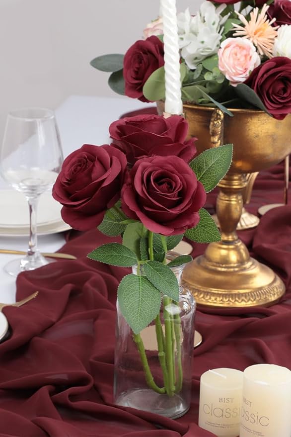 30pcs Roses Artificial Flowers Fake Flowers with Long Stems Burgundy Silk Flowers for Wedding Bouquet Centerpices Decorations Party Bridal Baby Shower Home Decor