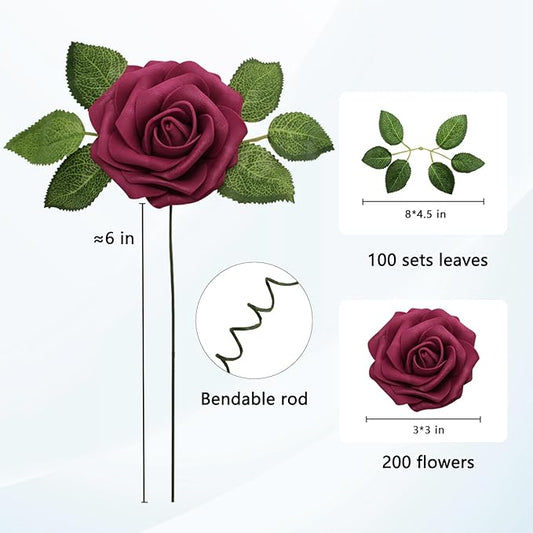 JOYLEX Artificial Flowers Realistic Roses, Real Looking Fake Roses with Stem for DIY Wedding Bouquets Centerpieces Bridal Shower Party Home Romantic Decorations (Wine Red, Regular 3" - 200pcs)