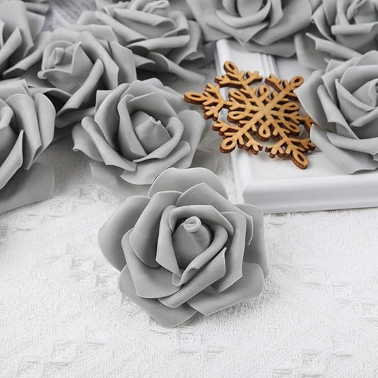 IPOPU Artificial Rose Flower Heads, 100 Pcs Real Looking Silver Gray Foam Fake Roses for DIY Wedding Baby Shower Centerpieces Arrangements Party Tables Home Decorations (Silver Gray, Stemless)