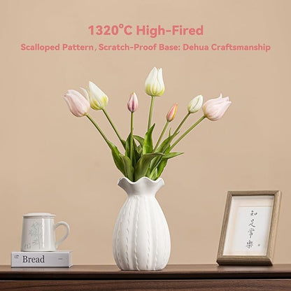 White Ceramic Vase with Ruffled Rim & Scalloped Texture - 8.5" Unique Flower Vase for Pampas Grass & Centerpieces, Decorative Boho/Farmhouse Vase for Living Room, Office Desk & Gift for Her/Yourself