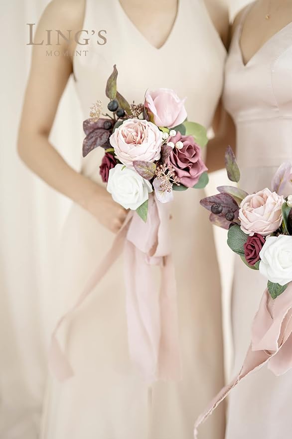 Ling's moment Artificial Flowers Pink Bridesmaid Bouquet Set of 6, Dusty Rose & Mauve Wedding Flowers Bouquets for Bridesmaids, 7 Inch Bridal Bouquets for Bridesmaids, Wedding, Ceremony, Anniversary,