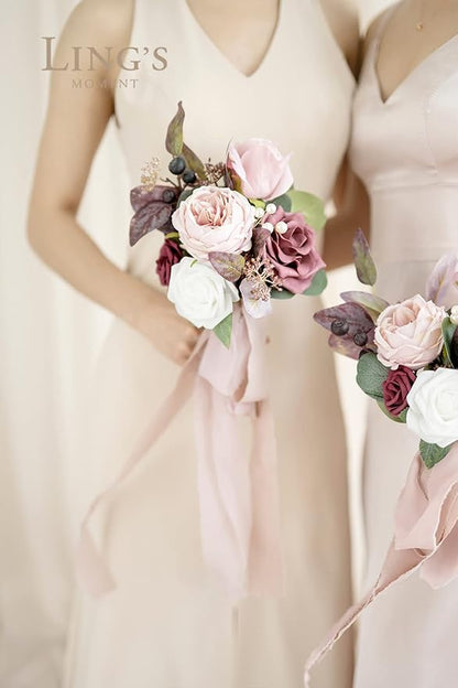 Ling's moment Artificial Flowers Pink Bridesmaid Bouquet Set of 6, Dusty Rose & Mauve Wedding Flowers Bouquets for Bridesmaids, 7 Inch Bridal Bouquets for Bridesmaids, Wedding, Ceremony, Anniversary,
