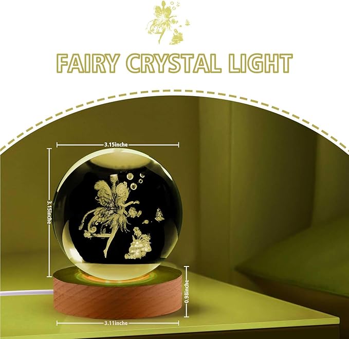 Fairy Gifts for Women Girls, 3.15in 3D Figurine Crystal Ball Lamp with Remote Control, Fairy Decor for Bedroom, Birthday Christmas for Girls Women Lovers