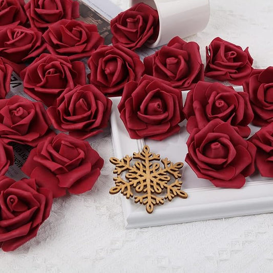 200pcs Burgundy Artificial Foam Rose Flower Head, 3-Inch Fake Flower Heads Stemless Rose Flowers Bulk for DIY Crafts,Wedding Bouquets Party Baby Shower Home Decor (Burgundy)