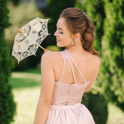 Bride Lace Parasol Umbrella 9.8 Inch Embroidered Cotton Wedding Photography Prop and Decorative Accessory for Bridal Ceremonies