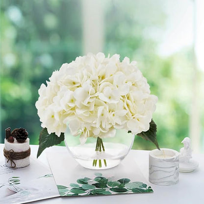 Silk Hydrangea Flowers in Vase, Small Silk Flowers in Vase with Faux Water for Home Decor Wedding Table (Cream White)