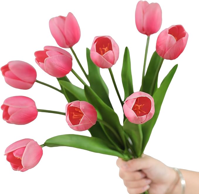 10PCS Artificial 18.5" Long Stem Pink Tulips Bouquet PU Flowers, Fake 6 Color Tulip Faux Flowers with Bendable Stems for Floral Table Wedding Home Decor