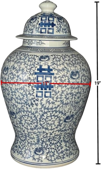 Festcool 19 inch Antique Like Blue and White Porcelain Temple Vase Jar Double Happiness Jingdezhen China (J8) Blue White 19*11*11 inches