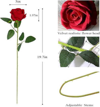 Jasion 50PCS Artificial Roses Realistic Velvet Silk Fake Flowers Long Stem Faux Flowers Bouquet for Wedding Home Party Table Centerpieces Decoration (Red)