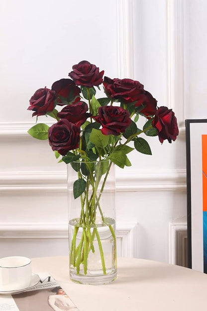 12 PCS Artificial Flowers Roses Silk Flowers Fake Long Stem Artificial Roses for Home Wedding Bathroom Kitchen Decorations (Wine Red)