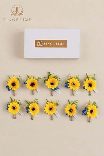 TINGE TIME Boutonniere for Men Wedding,Groom and Best Man Boutonniere for Wedding Ceremony Anniversary, Formal Dinner Party and Rustic Summer Weddings Marriage (Sunflower&RoyalBlue)