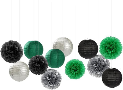 Green-Black Silver Party-Decorations Paper Flowers Lanterns - 15PCS Football Game Day Birthday Tissue Pom Poms Streamers, Bachelorette New Years Hanging Supplies Decor Hugfond
