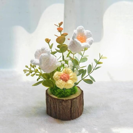 Crochet Flowers Lily of The Valley Bouquet Creative Knitted Potted Plant Mini for Dashboard Decoration Home Desktop Decorations and Gifts for Friends, Lovers, Classmates