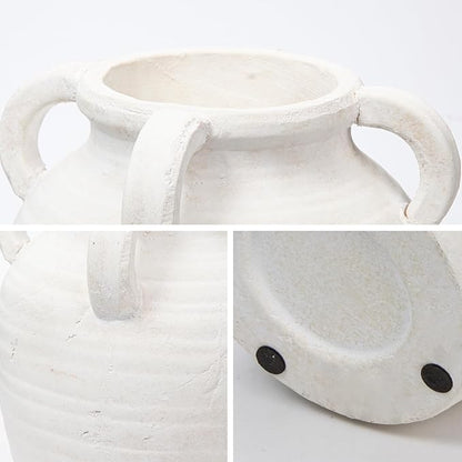 Handcrafted Flower Vase, 9.8" Tall Terracotta Vase, Vintage White Ceramic Vase, Rustic Antique Decor with 4 Handles, Wide Mouth, Matte Finish for Home Office Resto Café Décor