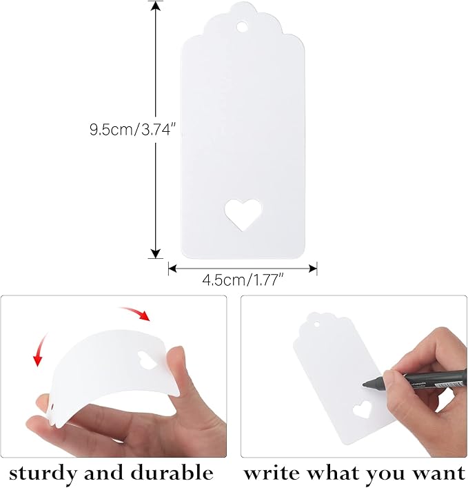 jijAcraft 100Pcs Gift Tags with String, White Paper Tag with Hollow Heart, 3.7 x 1.7Inch Blank Gift Wrapping Hangtag, Party Favors Tag for Wedding, Birthday, Baby Shower