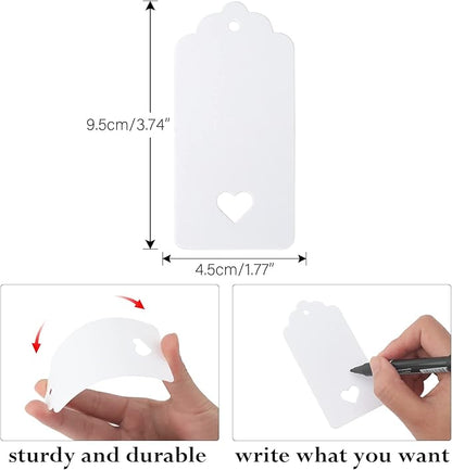 jijAcraft 100Pcs Gift Tags with String, White Paper Tag with Hollow Heart, 3.7 x 1.7Inch Blank Gift Wrapping Hangtag, Party Favors Tag for Wedding, Birthday, Baby Shower