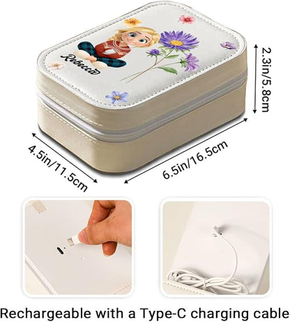 Wrappiness Girls & Women Lovely Makeup Box With LED Mirror - Personalized Jewelry Box Organizer Portable Ideal for Travel, Gift for Daughters Sisters Friends (Birth Month Flower, Teen Girls)