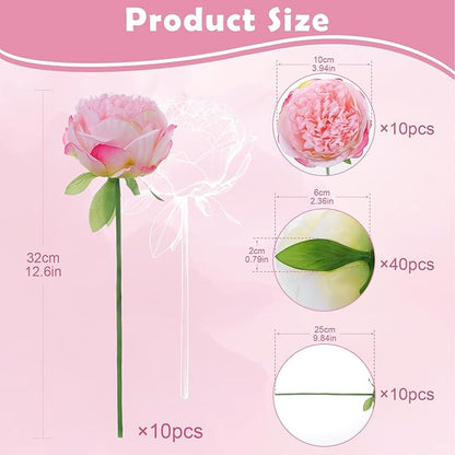 10PCS Pink Realistic Artificial Flowers Peony Fake Silk for Home Office Wedding Table Centerpieces Party Festival Bar Decoration Indoor