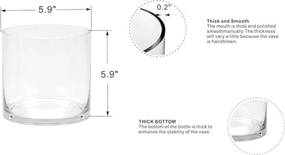 6" Wide 6" Tall Large Hand Blown Sturdy Clear Cylinder Glass Vase, Centerpiece Flower Vase for Rose, Tulip, Boquets, Hurricane Candle Holder (1, 6"x6")