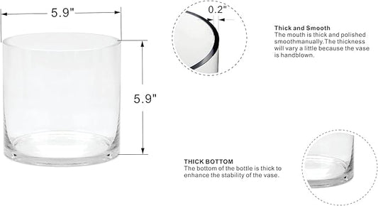 6" Wide 6" Tall Large Hand Blown Sturdy Clear Cylinder Glass Vase, Centerpiece Flower Vase for Rose, Tulip, Boquets, Hurricane Candle Holder (1, 6"x6")