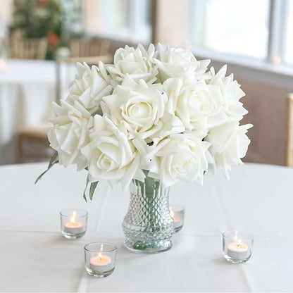 White Flowers Roses Artificial Flowers, 10pcs Soft Real Touch Silk Artificial Roses Stems, Lifelike Faux Rose for Wedding Table Centerpieces Party Home Decoration