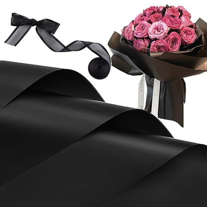 20 Sheets Black Flower Wrapping Paper, Waterproof Floral Wrap Solid Bouquet Wrapping Paper Florist Supplies (22.8 x 22.8 inch)