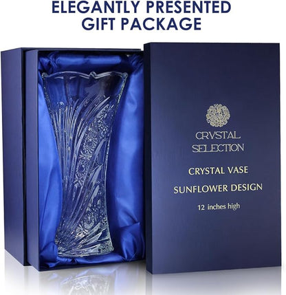 CS Crystal Vase 12-inch high, Sunflower Design, for Flowers & Decor. Lovely Nice Shiny Piece. Perfect as a Gift, Suitable for All Occasions.