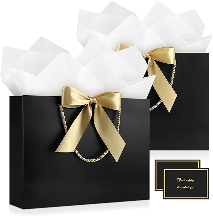 JMANNI Gift Bag, Medium Gift Bags with Tissue Paper, 2Pcs Gift Bags Medium Size with Handle and Bow Ribbon for Any Birthday,Weddings, Mothers Day & Special Occasion 11''x7.87''x4''(Black)