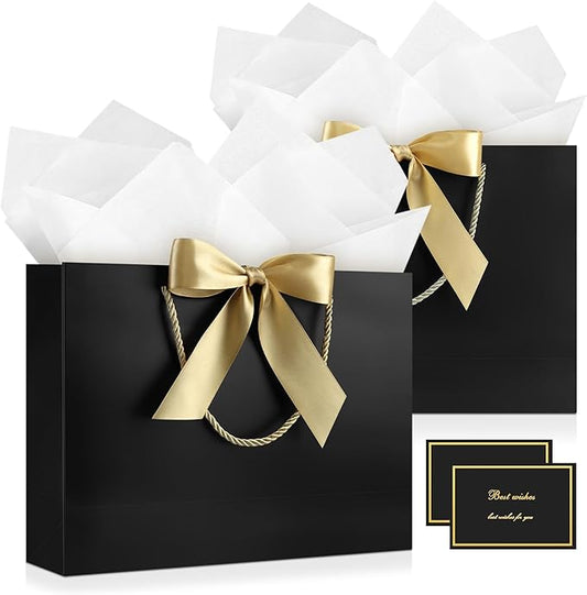 JMANNI Gift Bag, Medium Gift Bags with Tissue Paper, 2Pcs Gift Bags Medium Size with Handle and Bow Ribbon for Any Birthday,Weddings, Mothers Day & Special Occasion 11''x7.87''x4''(Black)
