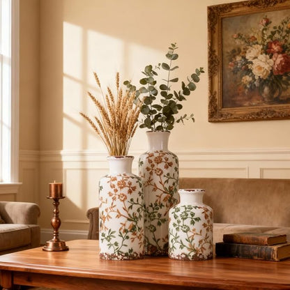 Farmhouse Ceramic Vase Set of 3 – Rustic Floral Pattern Decorative Vases for Home Decor, Vintage Country Style Table Centerpieces for Living Room, Shelf, Mantel & Entryway Decoration