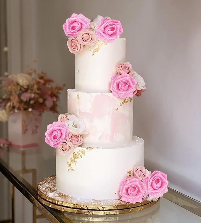 IPOPU Pink Glitter Roses,25PCS Fake Roses Sparkle Roses Bouquet Roses Artificial Flowers with Stems for Cake Wedding Bouquet Home Party Decoration(Dark Pink)