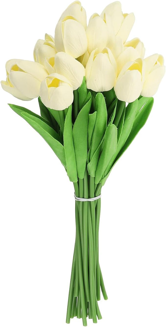 uxcell 20pcs Tulips Artificial Flowers, Faux Flowers Silk Fake Tulip Stems Real Touch for Wedding Bouquet Centerpiece Table Party Decoration(Cream White)