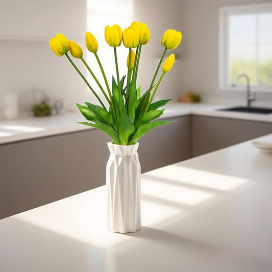 10 Pack Real Touch Tulips Artificial Flowers, 15.7 Inch Bendable Latex Tulips - No Maintenance Faux Flowers for Vase, Home Decor, Wedding Centerpiece (Yellow)